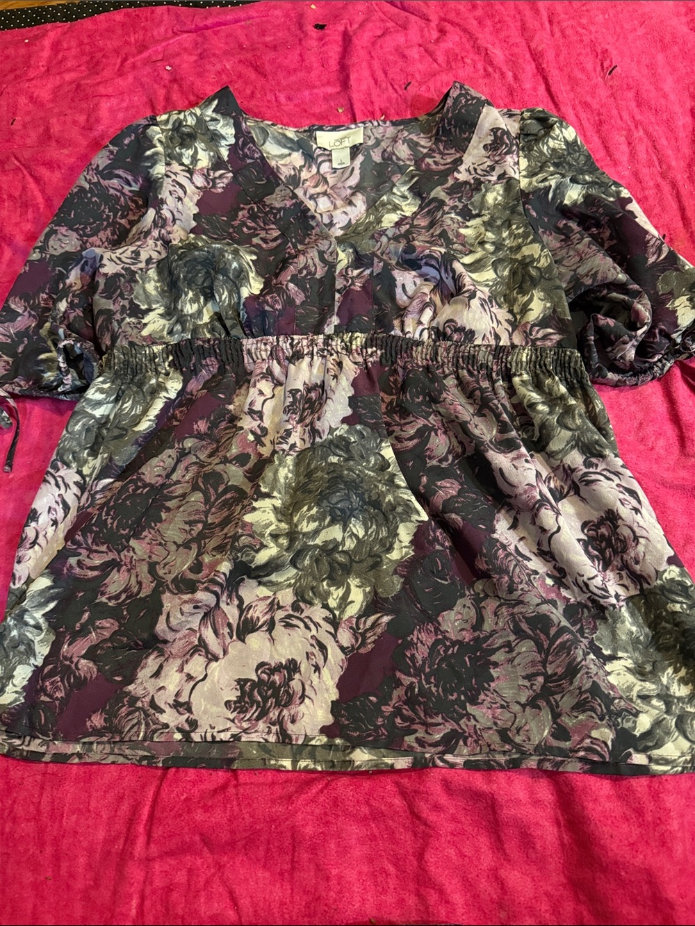 LOFT Plum and Gray Floral V-Neck Empire Waist Tunic